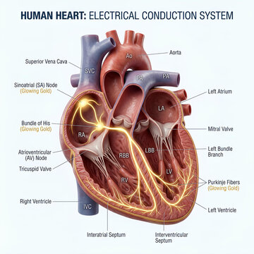 Human heart electrical conduction system anatomical diagram.