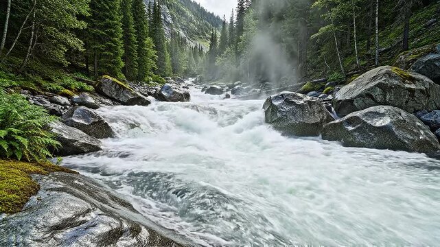 Scenic View of a Powerful Rushing River Flowing Through a Lush Green Alpine Forest Landscape with Mist and Large Granite Boulders