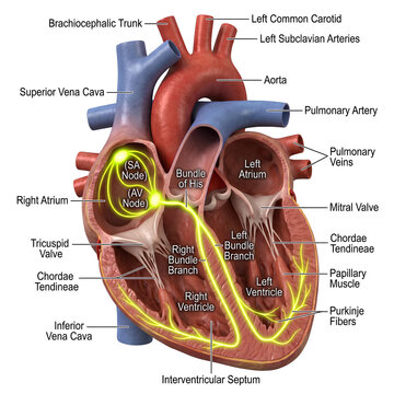 Labeled diagram of the human heart internal anatomy.