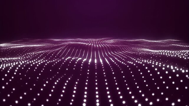 A captivating digital landscape rendered with flowing lines of glowing white particles against a deep purple background.