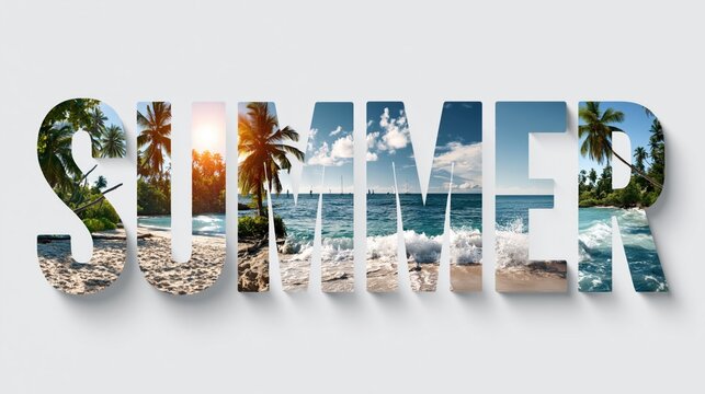 Vibrant Summer Landscape in Bold Letters on White Background