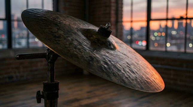 Brass cymbal on a stand in a modern urban loft studio during sunset for music production and entertainment industry advertising