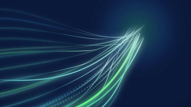 Emerald Green and Cerulean Blue Curved Light Strands Animation, Seamless Looping Depth Sweep, High-Tech Abstract Motion Graphics, Elegant Financial Technology Background
