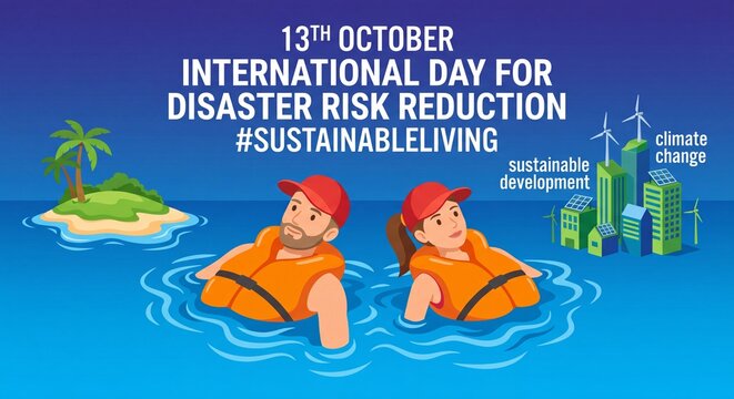 International day for disaster risk reduction illustration with people floating in water and city background