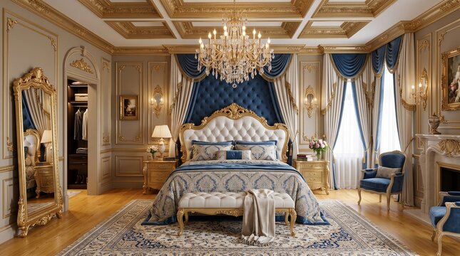 Luxurious master bedroom interior featuring rich blue velvet upholstery golden ornate furniture pieces and classic crown molding ceilings designed for a sophisticated residential living space