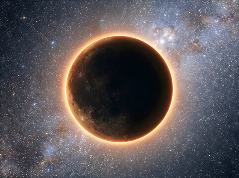 A mysterious dark planet silhouetted against a glowing ring of light, surrounded by a dense field of stars and cosmic dust in deep space
