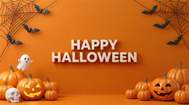 Happy Halloween 3D Text on Orange Background with Pumpkins Bats and Ghost for Festive Seasonal Website Banner Header