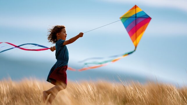 Child Flying Colorful Kite in Open Field on Sunny Day