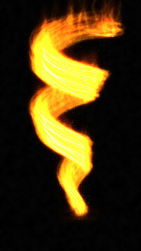 Bright orange yellow fire flame spiral swirling in a vertical motion isolated on a solid black background for design