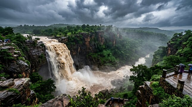 Large waterfall flowing into a deep river canyon