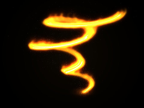 Bright glowing yellow fire swirl light trail in a dynamic spiral shape isolated on a solid deep black background