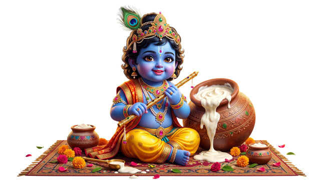 Baby krishna playing flute with butter pot isolated on transparent background