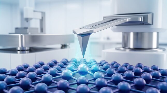 Atomic force microscope scanning a molecular lattice structure in a high tech laboratory with nanotechnology research surface analysis scientific instrument atom structure nano science microscope