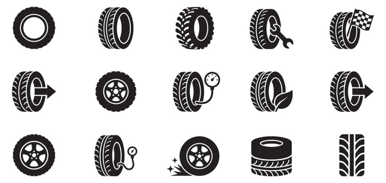 Tire icon set. Car wheel service symbol. Automotive tyre pressure logo. Garage vulcanization sign. Vector Illustration. Vector Graphic