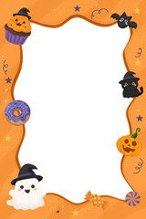 Fototapeta premium Cute Orange Halloween Frame with Witch Black Cat and Ghost. Cute orange Halloween vertical frame with wavy stitched border featuring cute ghost in witch hat, black cat, pumpkin cupcake, doughnut, bat.
