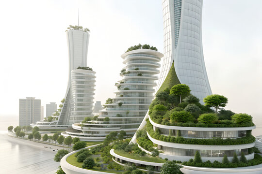 Futuristic eco friendly skyscrapers with vertical green gardens and architecture