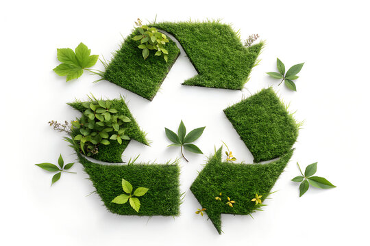 Recycle symbol made of green grass and fresh leaves on white background