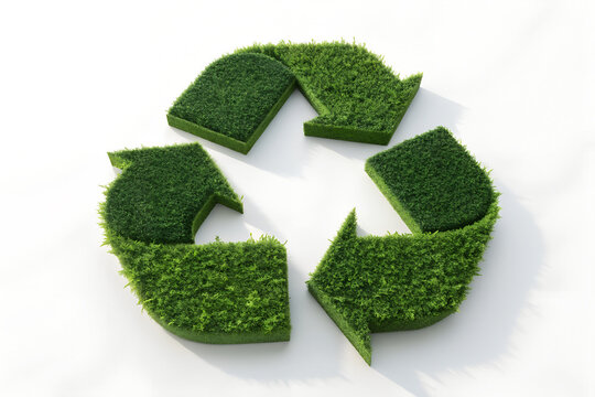Recycle symbol made of green grass on a clean white background with recycling