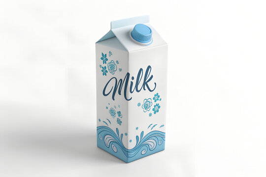 Milk carton package with blue floral and wave pattern illustration