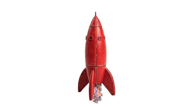 A bright red toy rocket ship flying up into the air with fire coming out from the bottom engine during a space travel isolated on transparent background