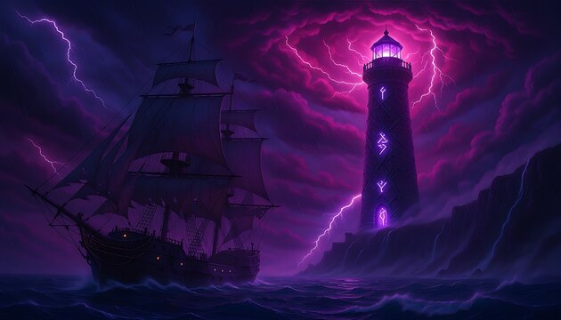 Mystical purple lighthouse in thunderstorm, ancient sailing ship on dark ocean waves, fantasy storm landscape with lightning
