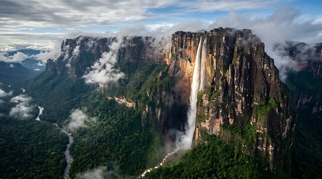 Tall waterfall falling from a high mountain cliff