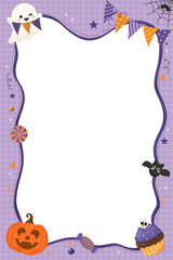 Fototapeta premium Cute Purple Halloween Frame with Bunting Flag and Ghost. Cute purple Halloween frame template decorated with bunting party flags, cute ghost holding Boo sign, pumpkin, cupcake, bat, spiderweb. 