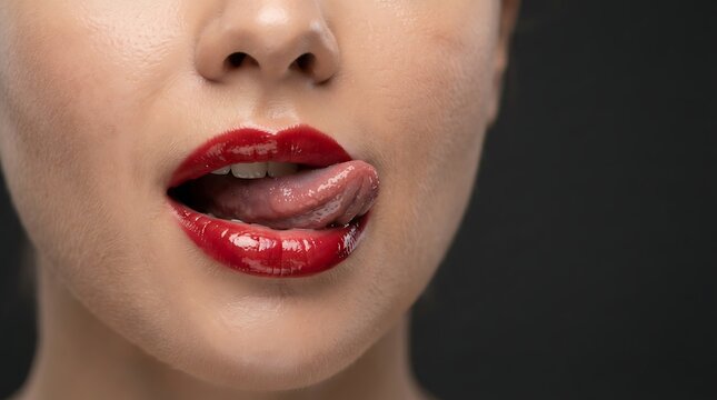 Red Lips Tongue Licking Dark Background