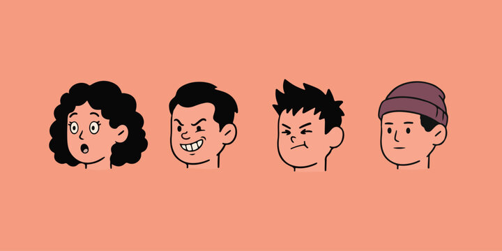 Comic style expressive character face avatar set with different emotions