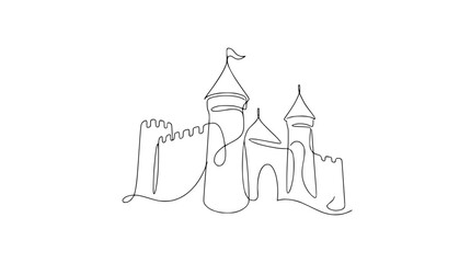 Fototapeta premium Minimalist continuous line drawing of a fairy tale castle isolated on white background