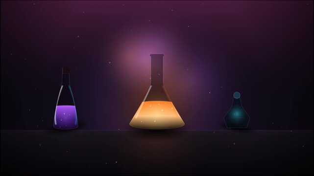 Premium Halloween potion laboratory with glass bottles flasks glowing liquid bubbling effects subtle smoke and dramatic atmospheric lighting for fantasy and seasonal visual content