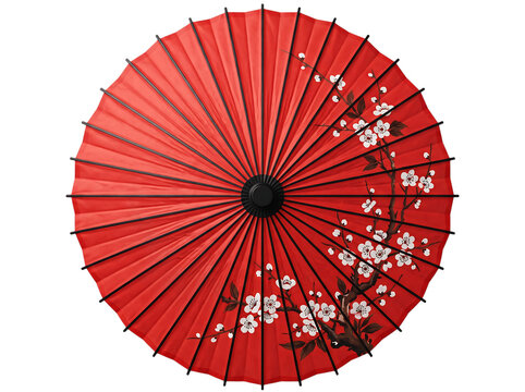 Red Japanese Paper Umbrella with Cherry Blossom Floral Design Isolated on Transparent Background