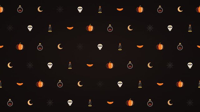 Premium seamless Halloween animated pattern featuring pumpkins candles bats spider webs skulls potion bottles and moon elements arranged in an elegant repeating composition
