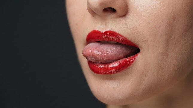 Woman Licking Red Lips Glossy Lipstick