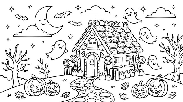 Fun Halloween coloring page for kids with cute ghosts and candy house