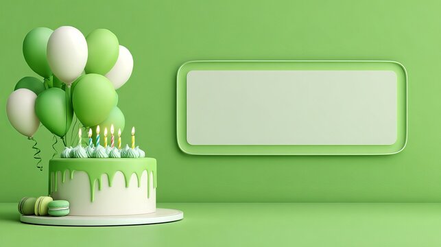 3d green and white birthday cake with candles and balloons