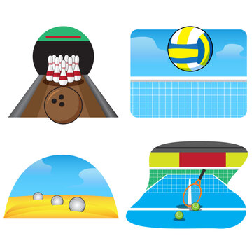 Vector illustrations of sports equipment and sports venues, including bowling, volleyball, petanque, and tennis.