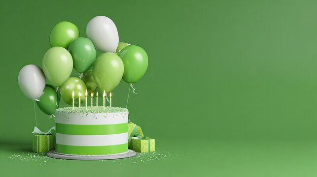 3d green and white birthday cake with candles and balloons
