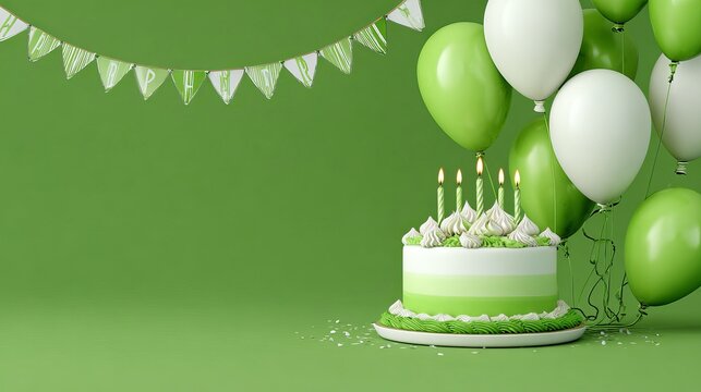 3d green and white birthday cake with candles and balloons