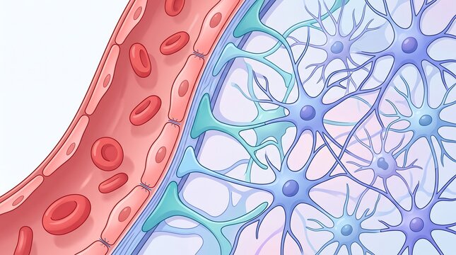 Microscopic view of blood vessel wall with red blood cells next to neural network of brain cells blood circulation medical illustration human tissue vascular system body system 3D model
