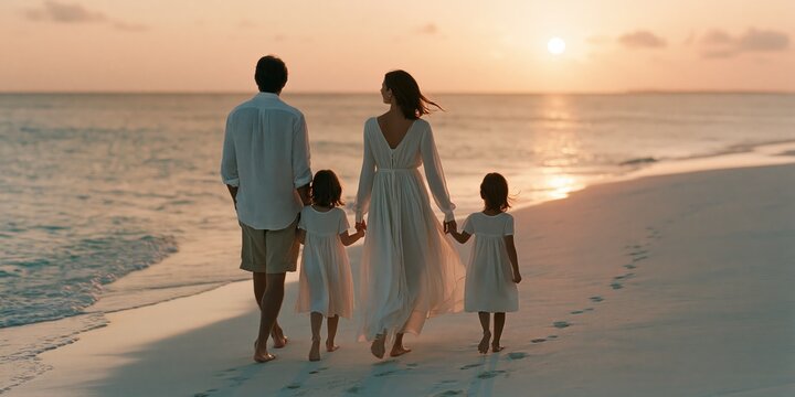 Tropical Family Stroll at Sunset on Pristine Beach