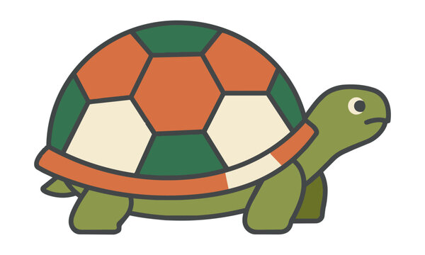 Side profile of a minimalist garden turtle with a geometric hexagonal pattern on its rounded shell, isolated on white. Nature design concept