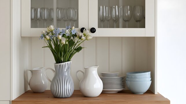 A wooden countertop with a vase of flowers  ceramic pitchers  stacked plates  and bowls under a glass cabinet with wine glasses