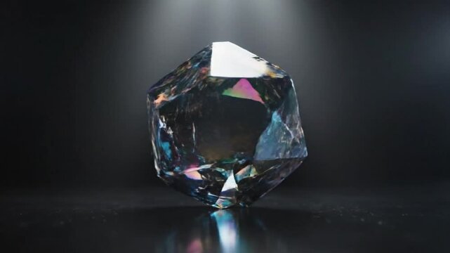 Spinning diamond polyhedron with iridescent glow on dark background.