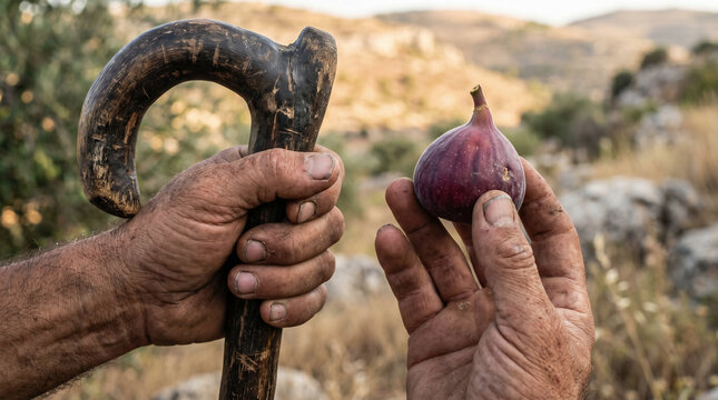 The prophet Amos, a rugged shepherd and fig tree farmer, receiving profound prophetic visions while standing among his flocks