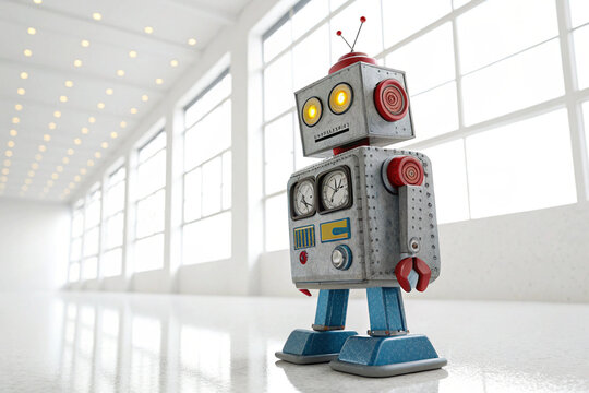 Retro toy robot standing inside bright modern hallway with large