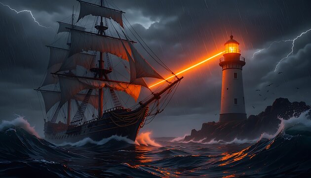 Dramatic vintage sailing ship in stormy sea, lighthouse beacon guiding wooden vessel through lightning and dark waves