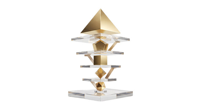 Golden geometric trophy with glass layers, elegant corporate award sculpture, luxury pyramid recognition plaque on white background