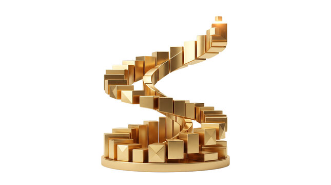 Golden spiral staircase made of geometric cubes, luxury gold architectural sculpture, abstract metallic tower on white background
