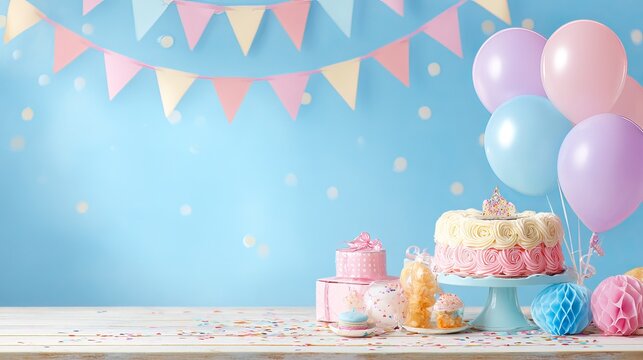 Birthday party background with cake and decorations for celebration planning